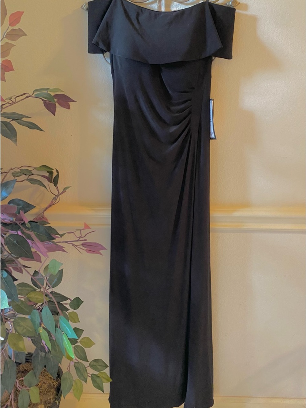 Xscape Off-Shoulder Black Maxi Gown with Front Slit-Original Price $249.00
